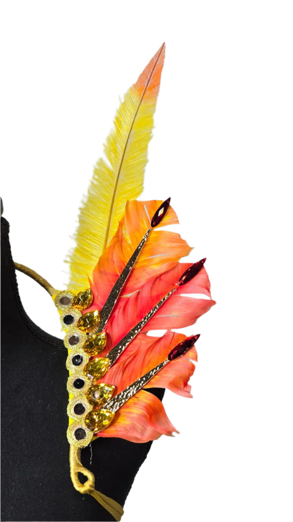 Solar Flare Feather Small Collar Wings featuring a vibrant blend of orange, yellow, and peach feathers with sparkling accents; lightweight, adjustable, and handmade for carnival and festival wear. #CARNIVALFEATHERS #CARNIVAL #CARNIVALCOSTUMES