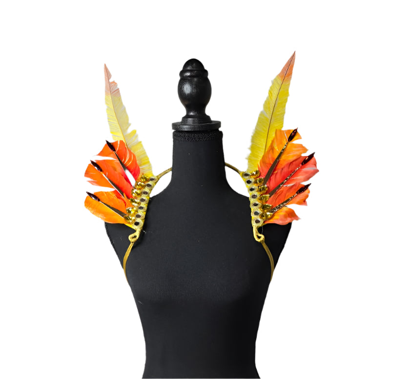 Solar Flare Feather Small Collar Wings featuring a vibrant blend of orange, yellow, and peach feathers with sparkling accents; lightweight, adjustable, and handmade for carnival and festival wear. #CARNIVALFEATHERS #CARNIVAL #CARNIVALCOSTUMES