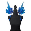 A vibrant set of Sparkling Blue Feather Small Collar Wings displayed on a mannequin. The wings feature bold blue feathers adorned with shimmering gem accents, creating a radiant and eye-catching design. Perfect for carnivals, festivals, and performances, the wings are lightweight and stylish, adding a touch of glamour to any outfit. #carnivalmw