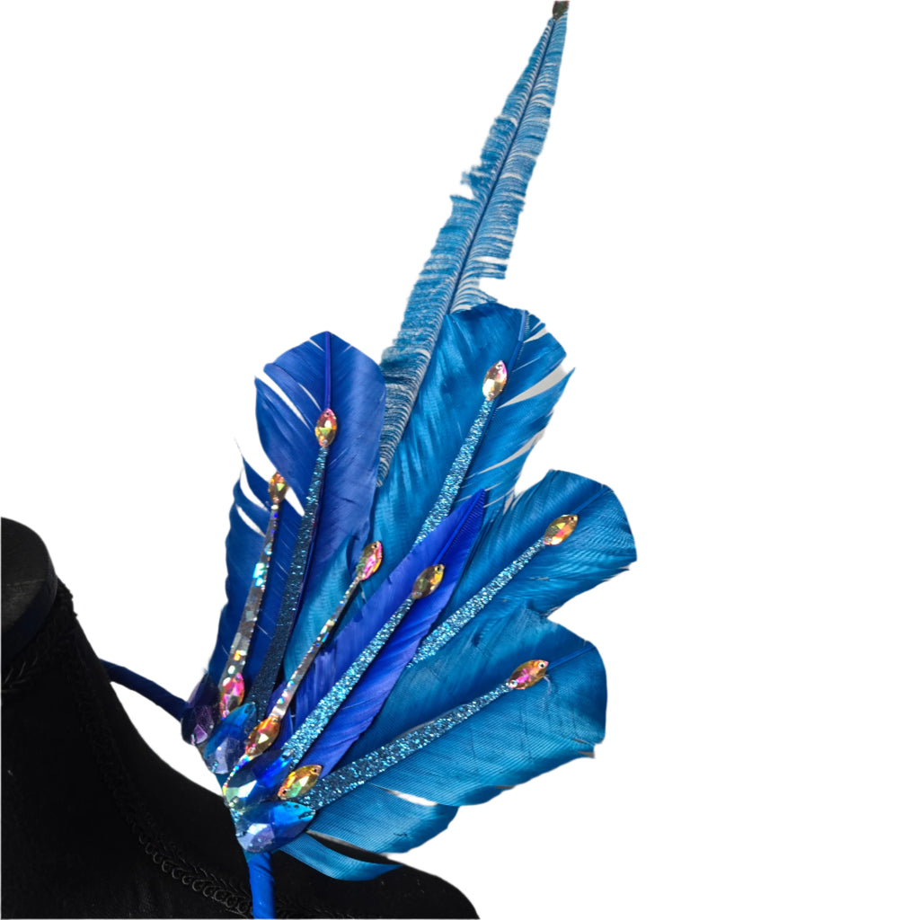 A vibrant set of Sparkling Blue Feather Small Collar Wings displayed on a mannequin. The wings feature bold blue feathers adorned with shimmering gem accents, creating a radiant and eye-catching design. Perfect for carnivals, festivals, and performances, the wings are lightweight and stylish, adding a touch of glamour to any outfit. #carnivalmw