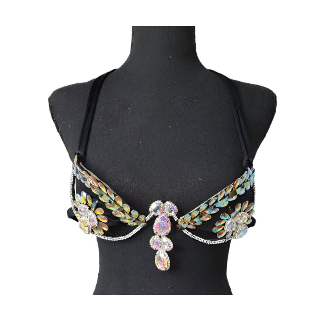 Starlight Bloom Decorated Wire Bra featuring iridescent crystal and gemstone floral motifs on a wire frame, displayed on a black mannequin