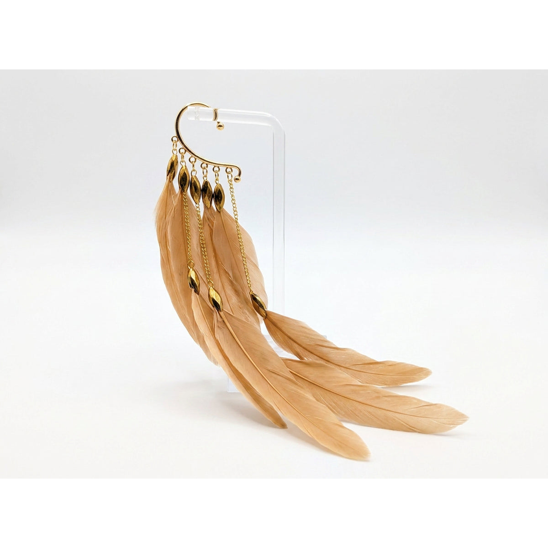 Boho Feather Ear Cuff — Nude Camel Feather Earring in Gold, No Piercing Needed