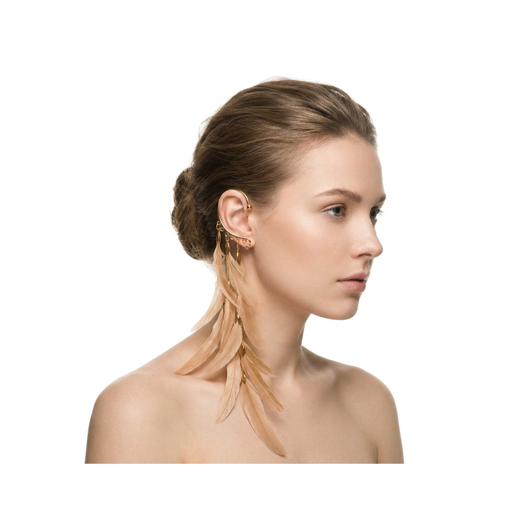 Boho Feather Ear Cuff — Nude Camel Feather Earring in Gold, No Piercing Needed