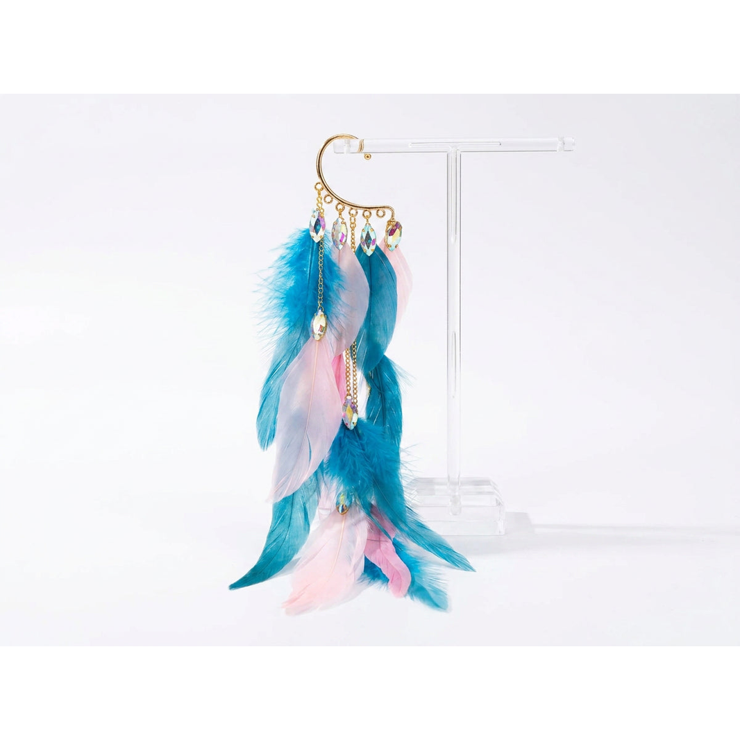 Boho Feather Ear Cuff — Teal & Baby Pink Feather Crystal Earring in Gold, No Piercing Needed