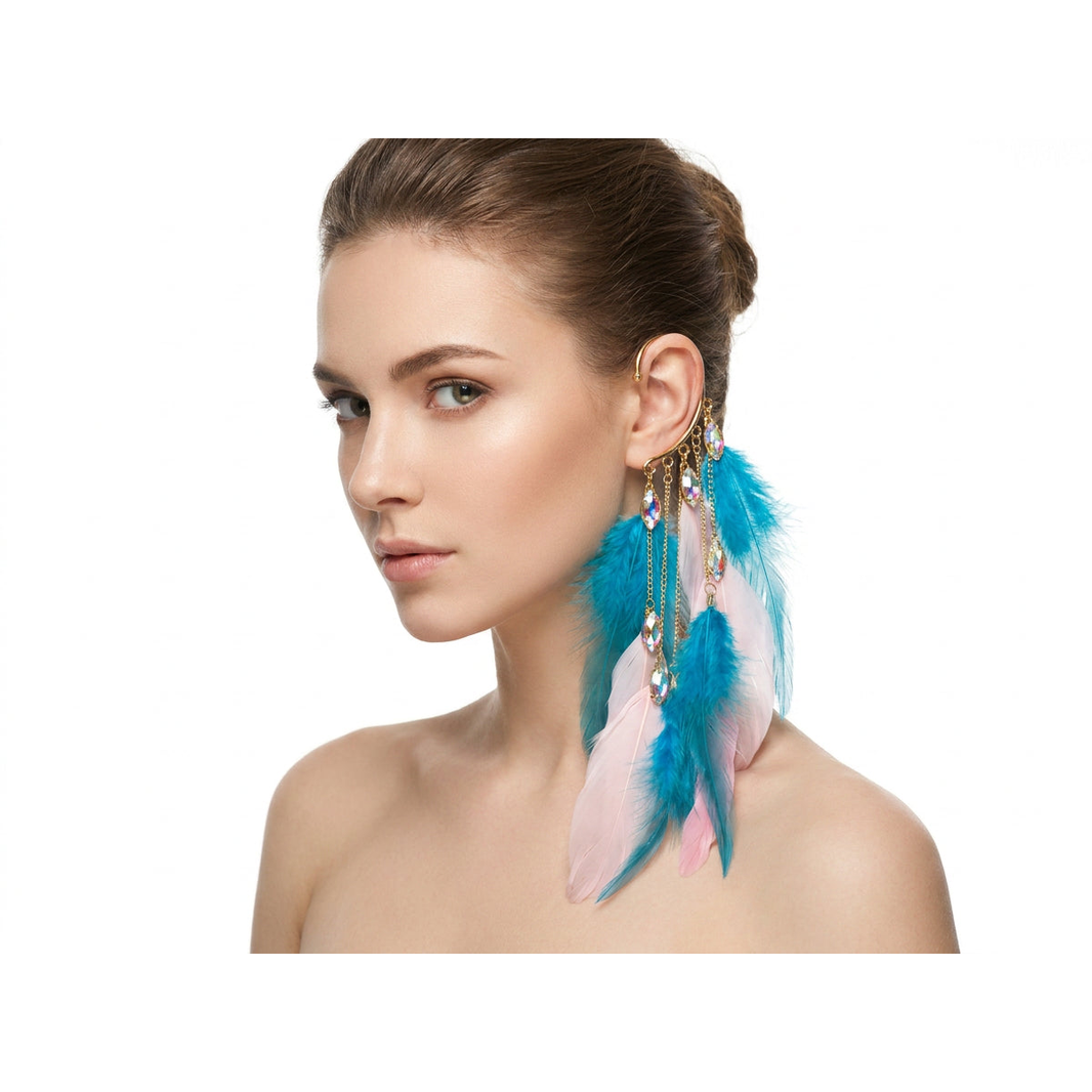 Boho Feather Ear Cuff — Teal & Baby Pink Feather Crystal Earring in Gold, No Piercing Needed