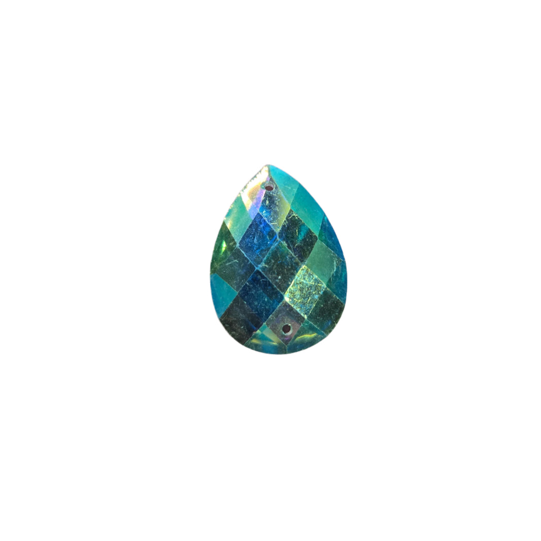 Detailed view of a Teal Teardrop AB Sew-On Rhinestone 18x26MM ideal for enhancing carnival costumes and custom designs