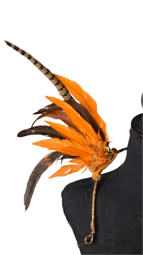 Tiger Flame Feather Small Collar Wings featuring a fierce blend of vibrant orange and deep brown feathers with tiger-striped accents; lightweight, adjustable, and handmade for carnival and festival wear. #CARNIVALFEATHERS #CARNIVAL #CARNIVALCOSTUMES