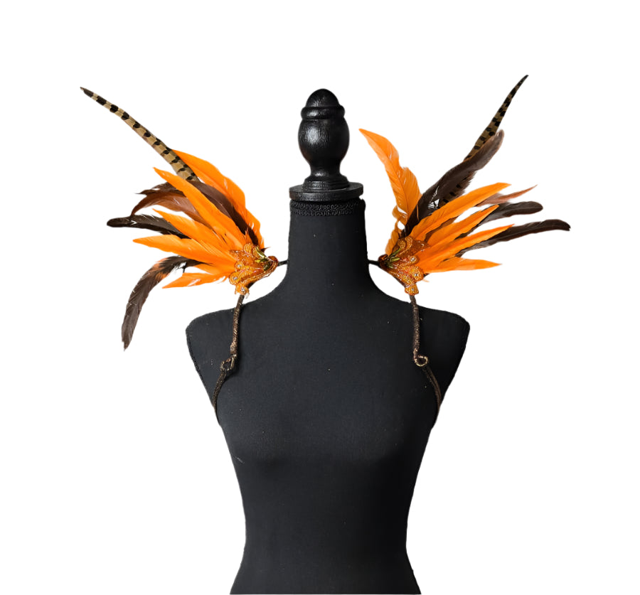 Tiger Flame Feather Small Collar Wings featuring a fierce blend of vibrant orange and deep brown feathers with tiger-striped accents; lightweight, adjustable, and handmade for carnival and festival wear. #CARNIVALFEATHERS #CARNIVAL #CARNIVALCOSTUMES