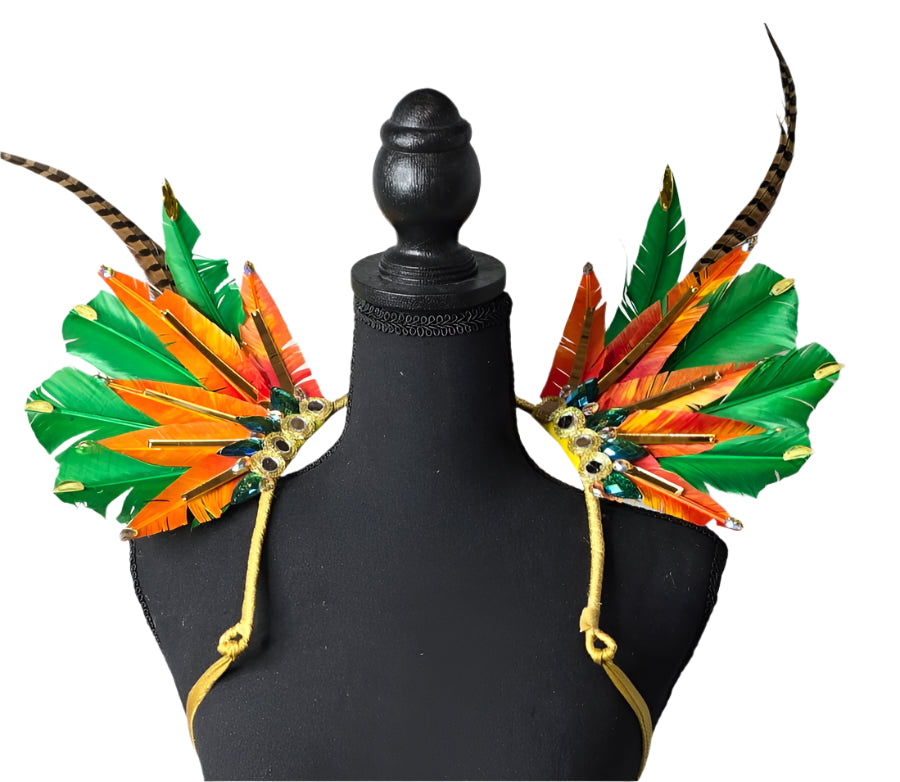 Tropical Flame Feather Small Collar Wings, featuring vibrant orange, yellow, and red feathers in a bold, tropical design—perfect for carnivals, festivals, and showgirl performances. #CarnivalMW #FestivalFashion #CarnivalReady #FeatherAccessorie