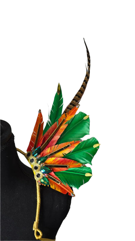 Tropical Flame Feather Small Collar Wings, featuring vibrant orange, yellow, and red feathers in a bold, tropical design—perfect for carnivals, festivals, and showgirl performances. #CarnivalMW #FestivalFashion #CarnivalReady #FeatherAccessorie