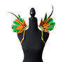 Tropical Flame Feather Small Collar Wings, featuring vibrant orange, yellow, and red feathers in a bold, tropical design—perfect for carnivals, festivals, and showgirl performances. #CarnivalMW #FestivalFashion #CarnivalReady #FeatherAccessorie