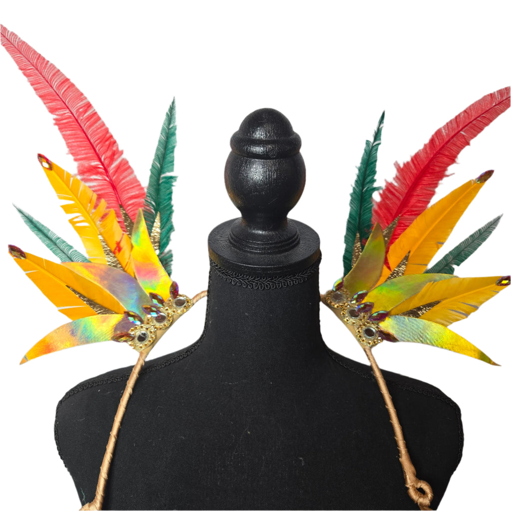 Tropical Radiance Feather Small Collar Wings featuring vibrant tropical-colored feathers designed for showgirls, festivals, and carnivals. Lightweight and comfortable, perfect for performances and parades. #carnivalmw #carnivalcostume #featherbackpack