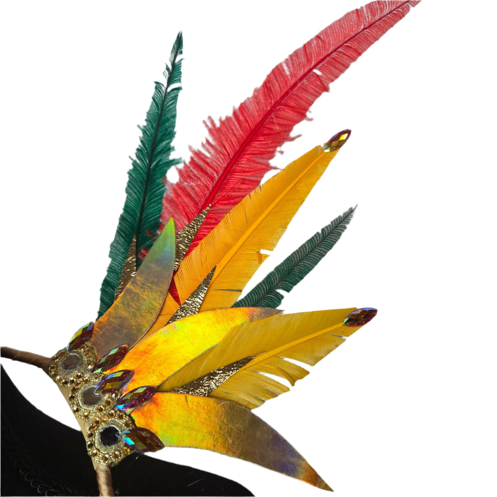 Tropical Radiance Feather Small Collar Wings featuring vibrant tropical-colored feathers designed for showgirls, festivals, and carnivals. Lightweight and comfortable, perfect for performances and parades. #carnivalmw #carnivalcostume #featherbackpack