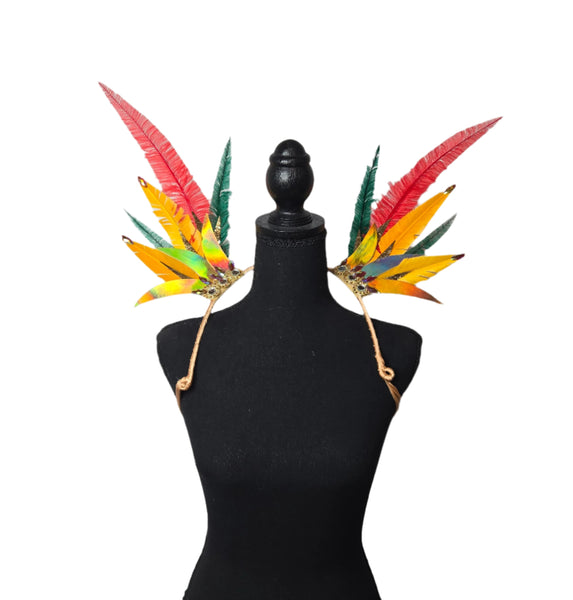 Tropical Radiance Feather Small Collar Wings featuring vibrant tropical-colored feathers designed for showgirls, festivals, and carnivals. Lightweight and comfortable, perfect for performances and parades. #carnivalmw #carnivalcostume #featherbackpack