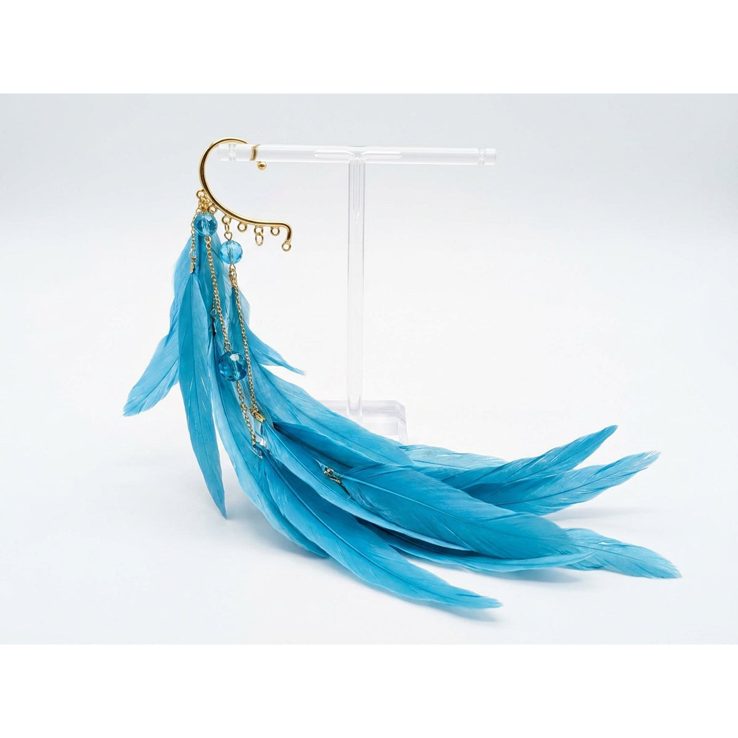 Boho Feather Ear Cuff — Turquoise Blue Feather & Crystal Earring in Gold, No Piercing Needed