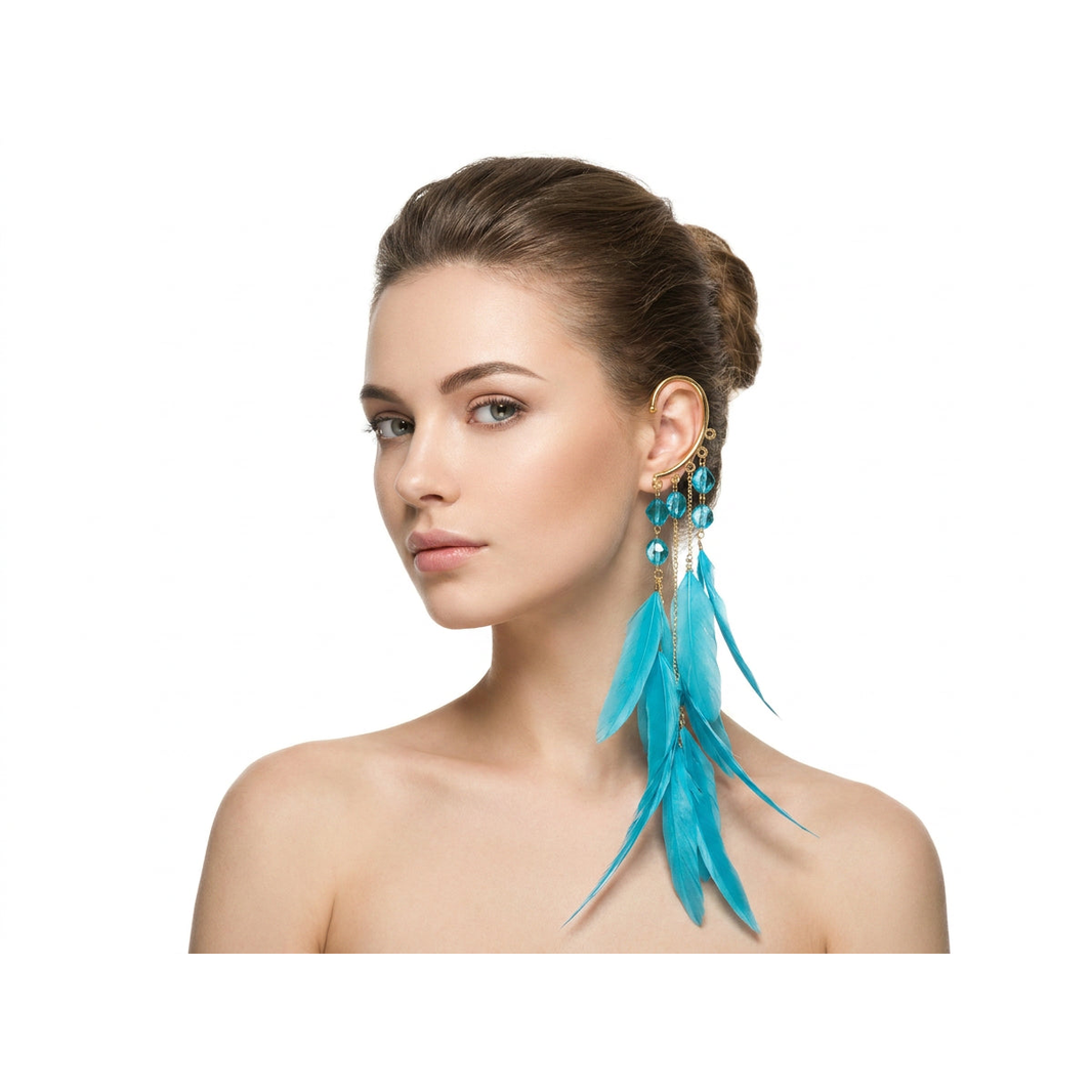 Boho Feather Ear Cuff — Turquoise Blue Feather & Crystal Earring in Gold, No Piercing Needed