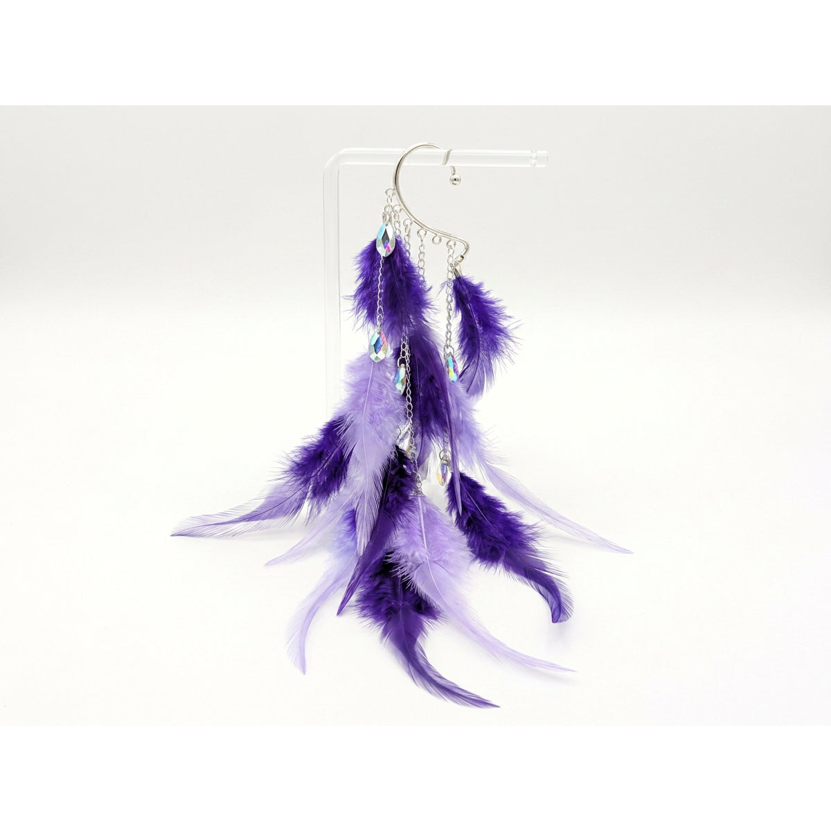 Boho Feather Ear Cuff — Royal Purple & Lilac Plume Crystal Earring in Silver, No Piercing Needed-Boho Feather Ear Cuff — Royal Purple & Lilac Plume Crystal Earring in Silver, No Piercing Needed – photo 2