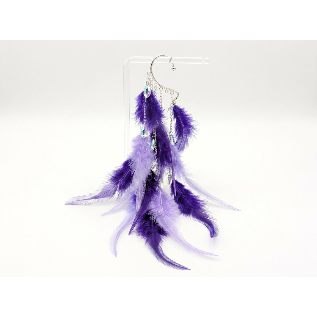 Boho Feather Ear Cuff — Royal Purple & Lilac Plume Crystal Earring in Silver, No Piercing Needed