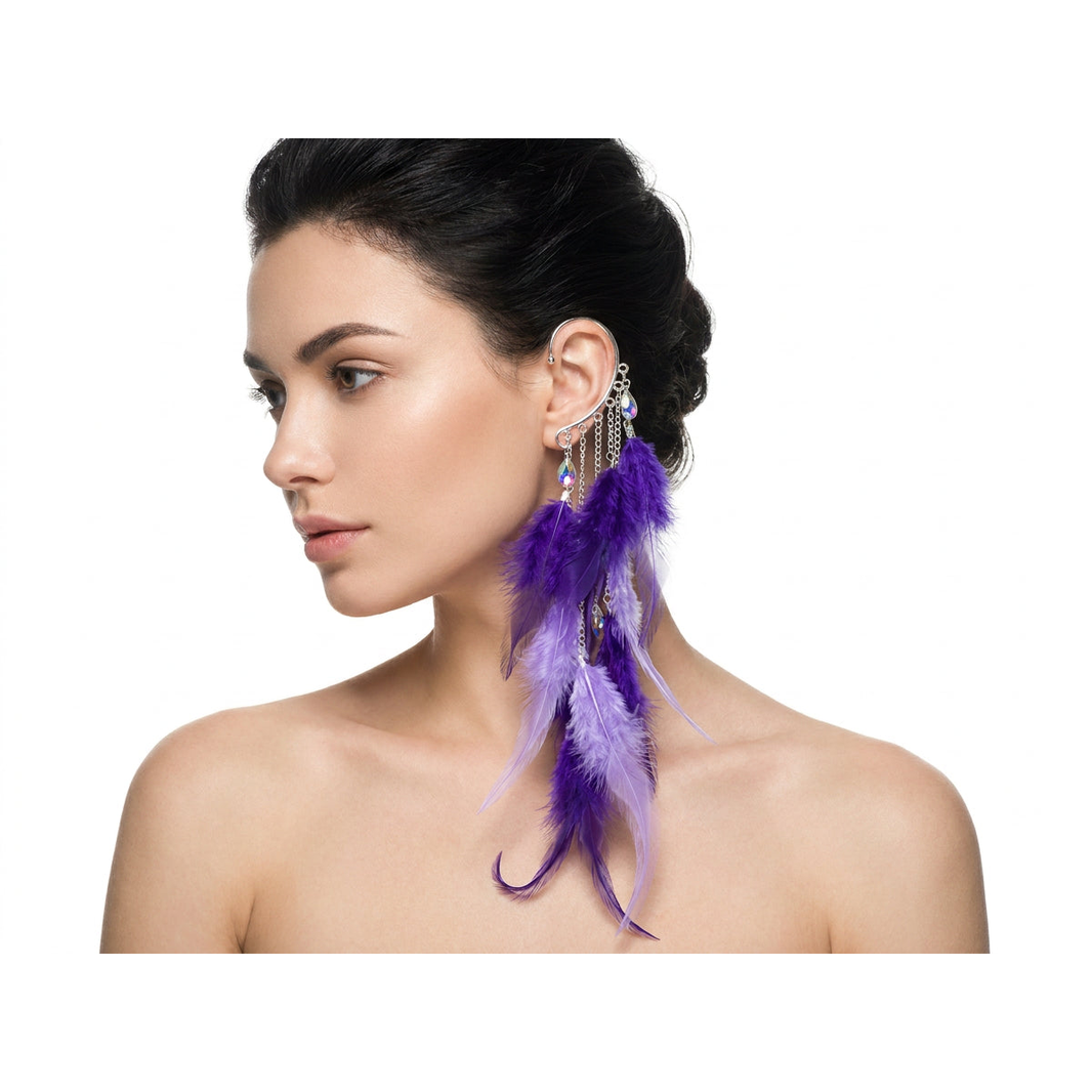 Boho Feather Ear Cuff — Royal Purple & Lilac Plume Crystal Earring in Silver, No Piercing Needed