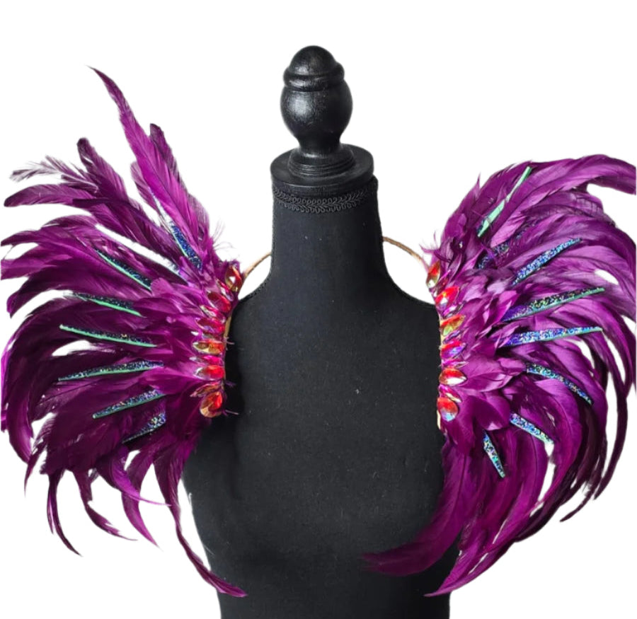 Violet Dream Carnival Feather Small Collar Wings featuring vibrant violet, purple, and blue feathers with shimmering accents; lightweight, adjustable, and handmade for carnival and festival wear. #CARNIVALFEATHERS #CARNIVAL #CARNIVALCOSTUMES