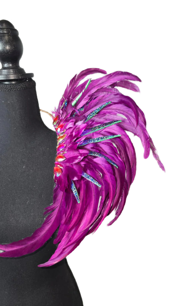 Violet Dream Carnival Feather Small Collar Wings featuring vibrant violet, purple, and blue feathers with shimmering accents; lightweight, adjustable, and handmade for carnival and festival wear. #CARNIVALFEATHERS #CARNIVAL #CARNIVALCOSTUMES