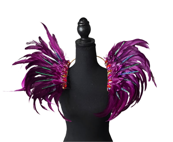 Violet Dream Carnival Feather Small Collar Wings featuring vibrant violet, purple, and blue feathers with shimmering accents; lightweight, adjustable, and handmade for carnival and festival wear. #CARNIVALFEATHERS #CARNIVAL #CARNIVALCOSTUMES