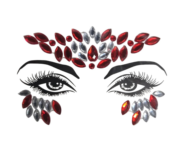Face gem stickers with red and silver crystals on a branded card
