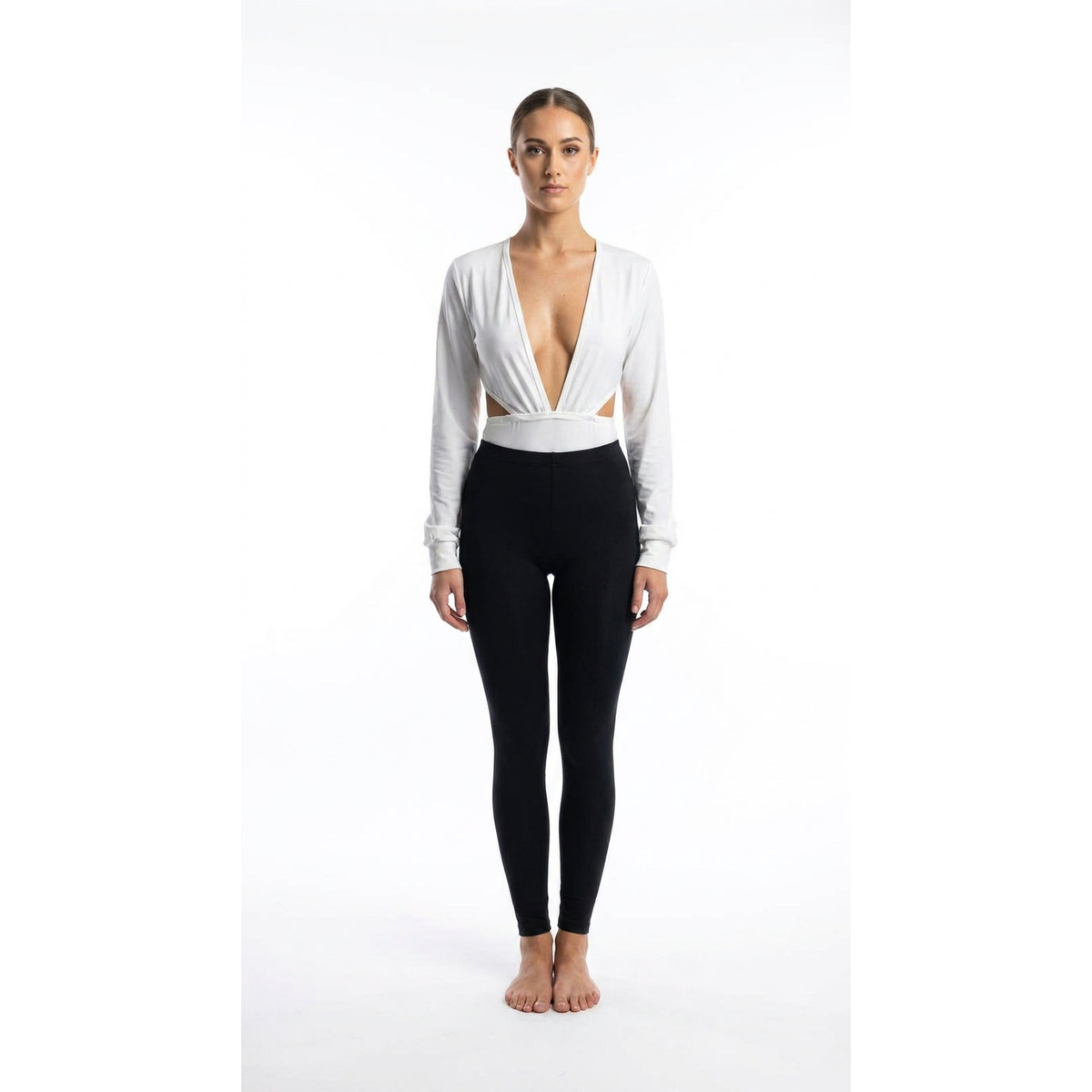 White Pure Angel Long-Sleeve Plunge Bodysuit-White Pure Angel Long-Sleeve Plunge Bodysuit — statement piece for carnival fetes, festivals, and nights out