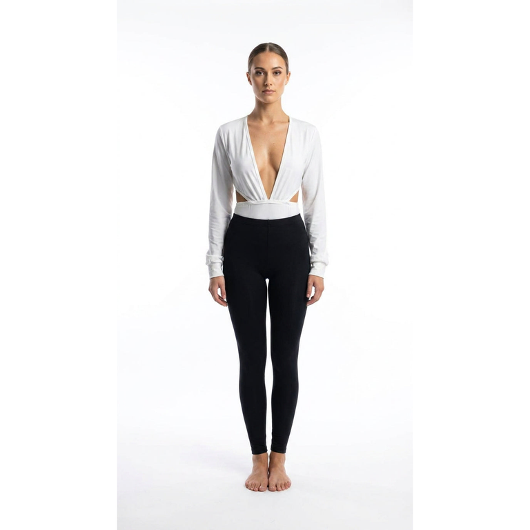 White Pure Angel Long-Sleeve Plunge Bodysuit — statement piece for carnival fetes, festivals, and nights out