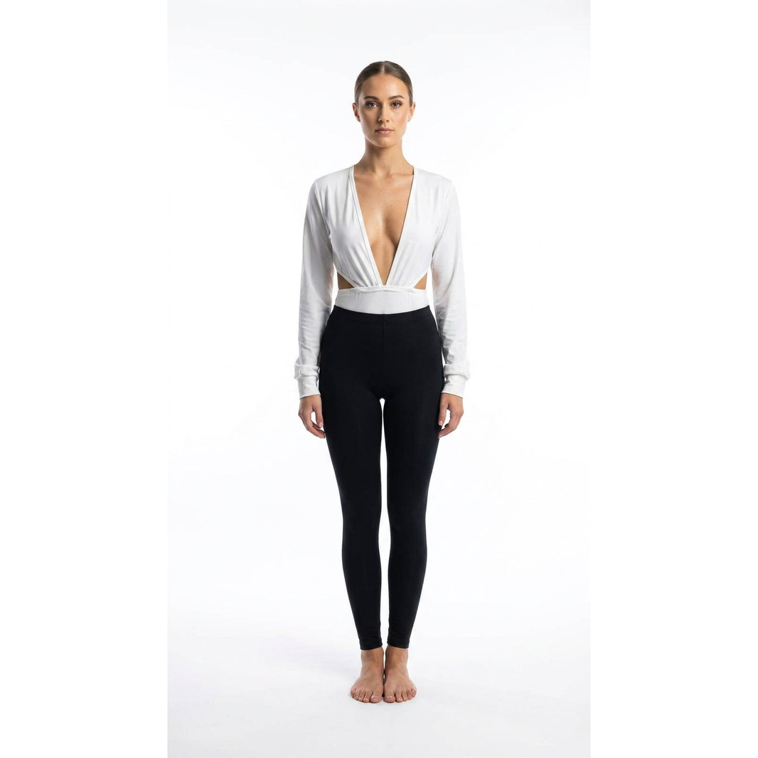 White Pure Angel Long-Sleeve Plunge Bodysuit — statement piece for carnival fetes, festivals, and nights out