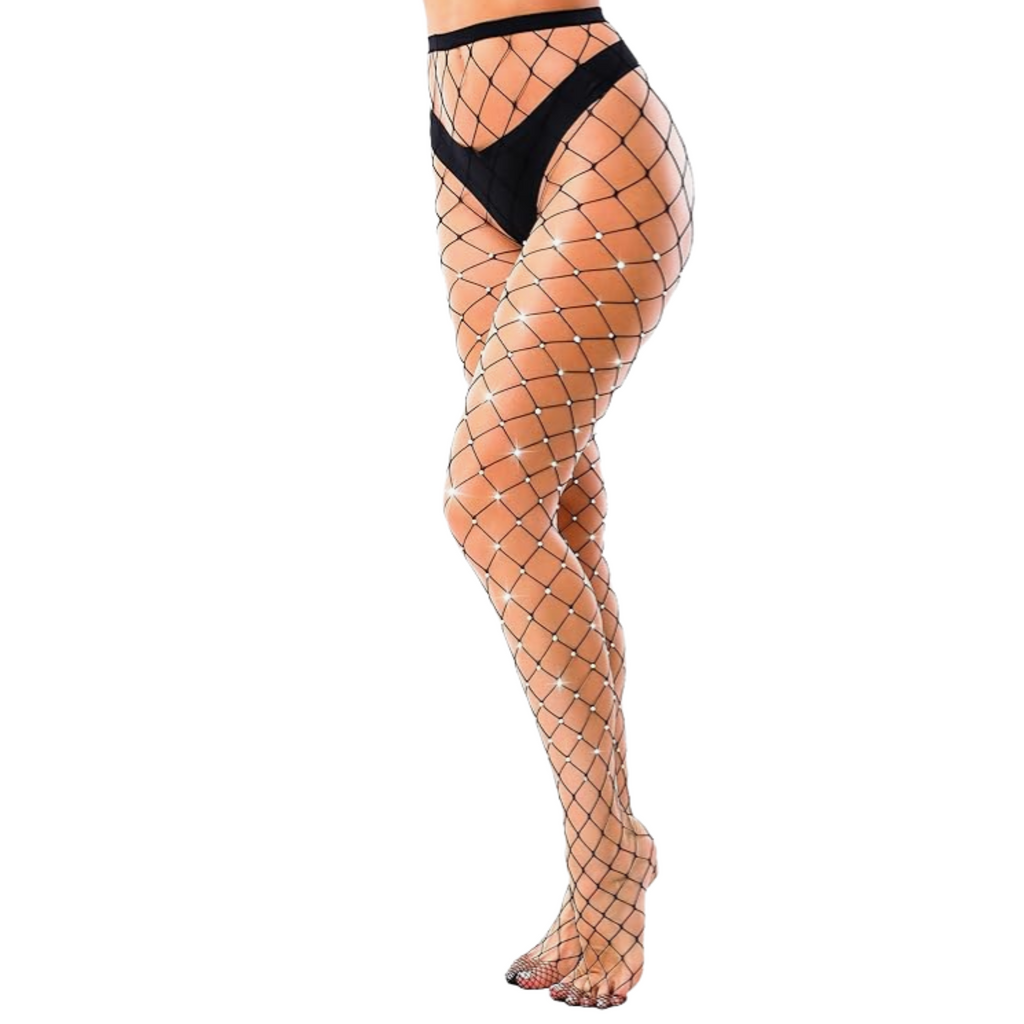 Black wide net stockings adorned with sparkling rhinestones, offering a chic and elegant look. Perfect for enhancing carnival costumes, these stockings add a touch of glamour and sophistication to any outfit. Ideal for festivals, events, or evening wear, providing a unique and fashionable style