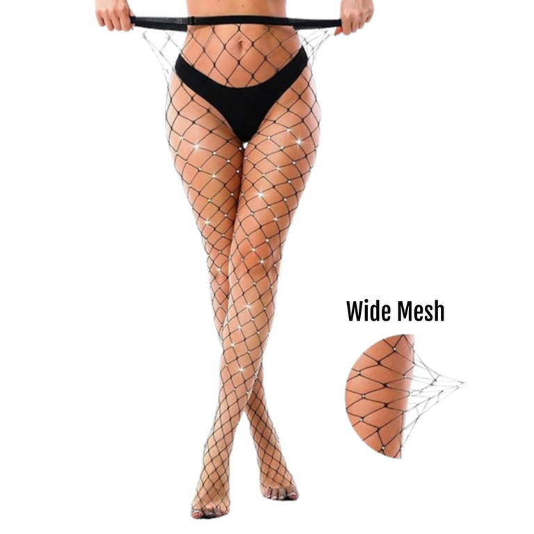 Wide Net Colored Rhinestone Stocking – black with sparkling rhinestones