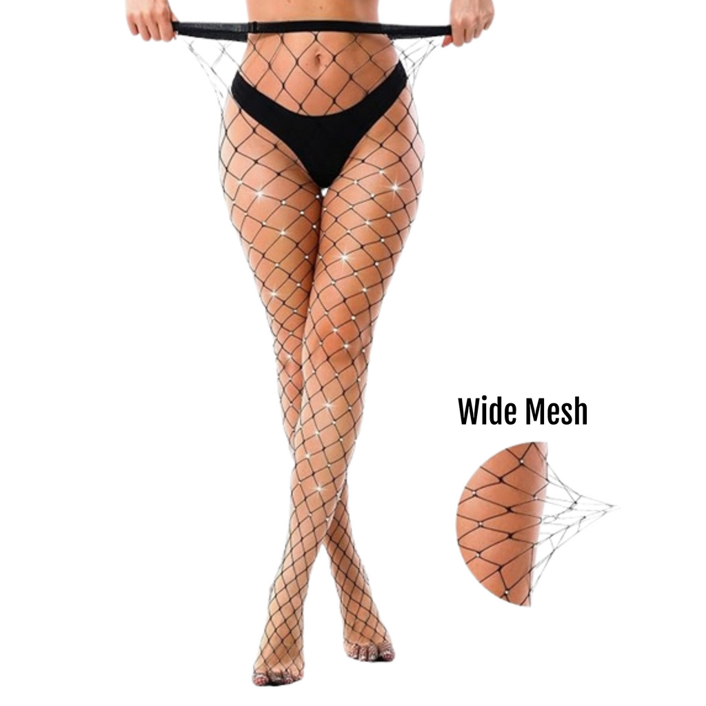 Black wide net stockings adorned with sparkling rhinestones, offering a chic and elegant look. Perfect for enhancing carnival costumes, these stockings add a touch of glamour and sophistication to any outfit. Ideal for festivals, events, or evening wear, providing a unique and fashionable style