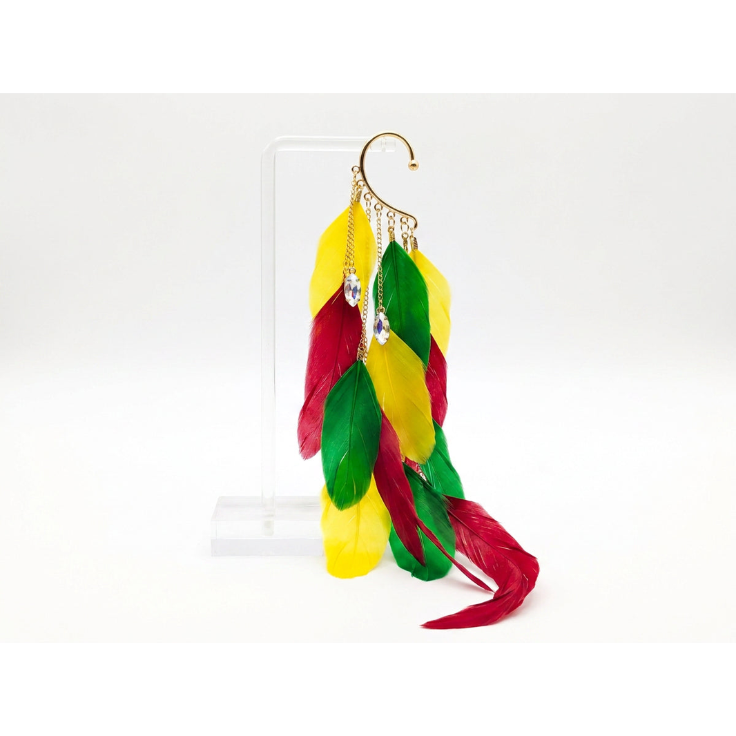 Boho Feather Ear Cuff — Red Gold & Green Feather Crystal Earring, No Piercing Needed