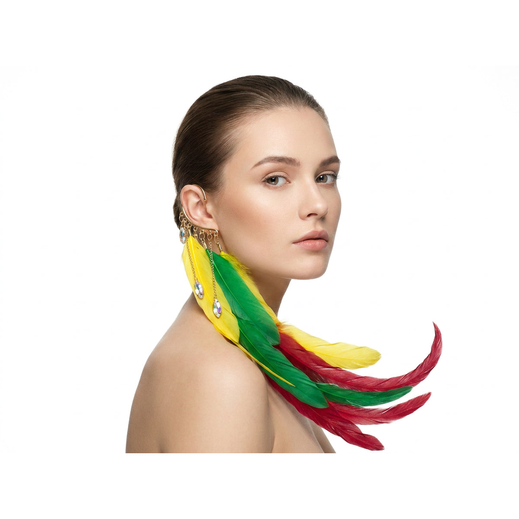 Boho Feather Ear Cuff — Red Gold & Green Feather Crystal Earring, No Piercing Needed