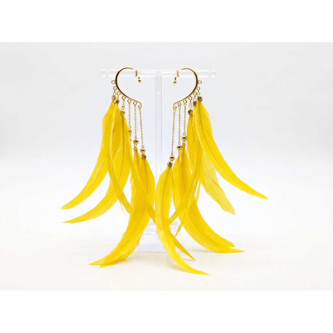 Boho Feather Ear Cuff — Sunflower Yellow Feather Earring in Gold, No Piercing Needed