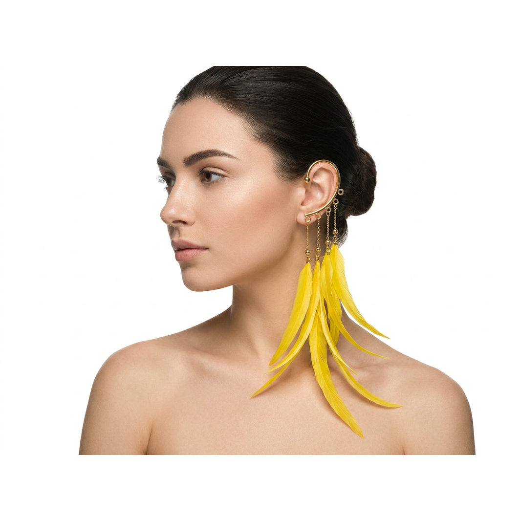 Boho Feather Ear Cuff — Sunflower Yellow Feather Earring in Gold, No Piercing Needed