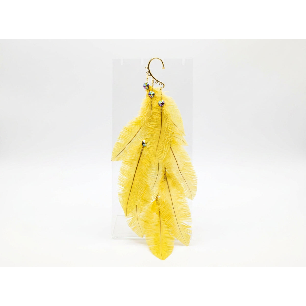 Boho Feather Ear Cuff — Yellow Ostrich Feather & Crystal Earring in Gold, No Piercing Needed