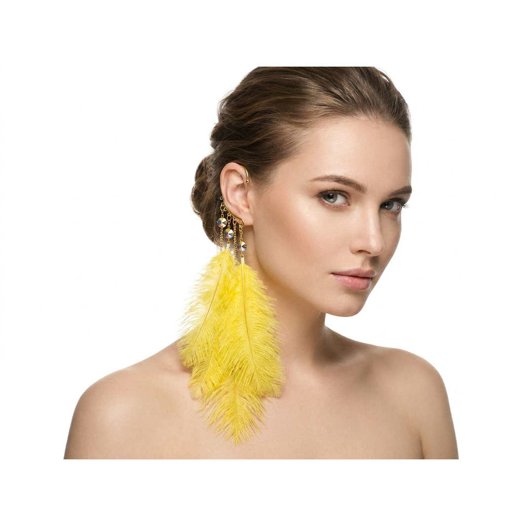 Boho Feather Ear Cuff — Yellow Ostrich Feather & Crystal Earring in Gold, No Piercing Needed