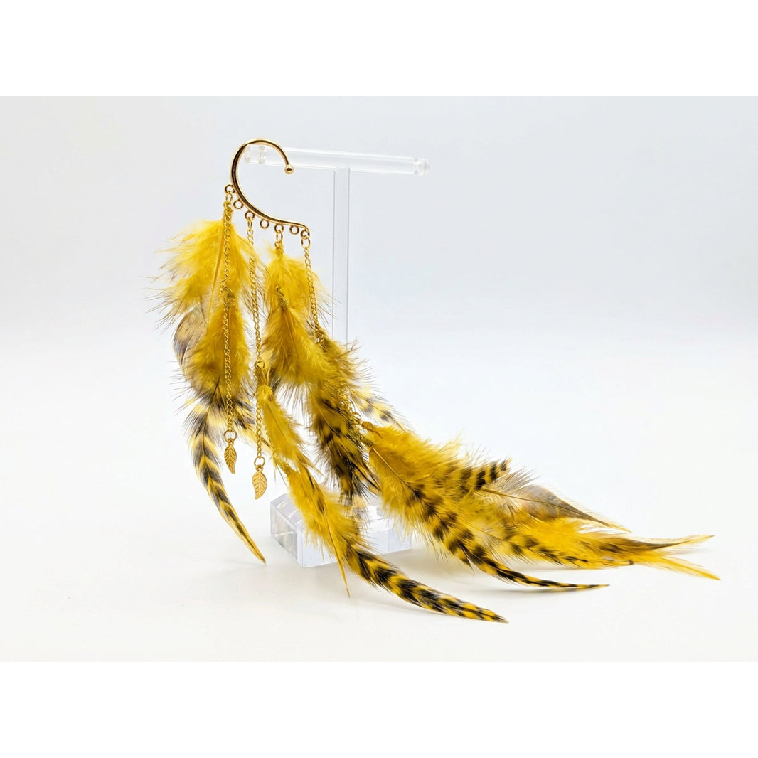 Boho Feather Ear Cuff — Golden Grizzly Feather Earring with Leaf Charms in Gold, No Piercing Needed