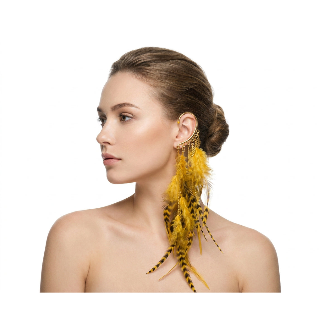 Boho Feather Ear Cuff — Golden Grizzly Feather Earring with Leaf Charms in Gold, No Piercing Needed