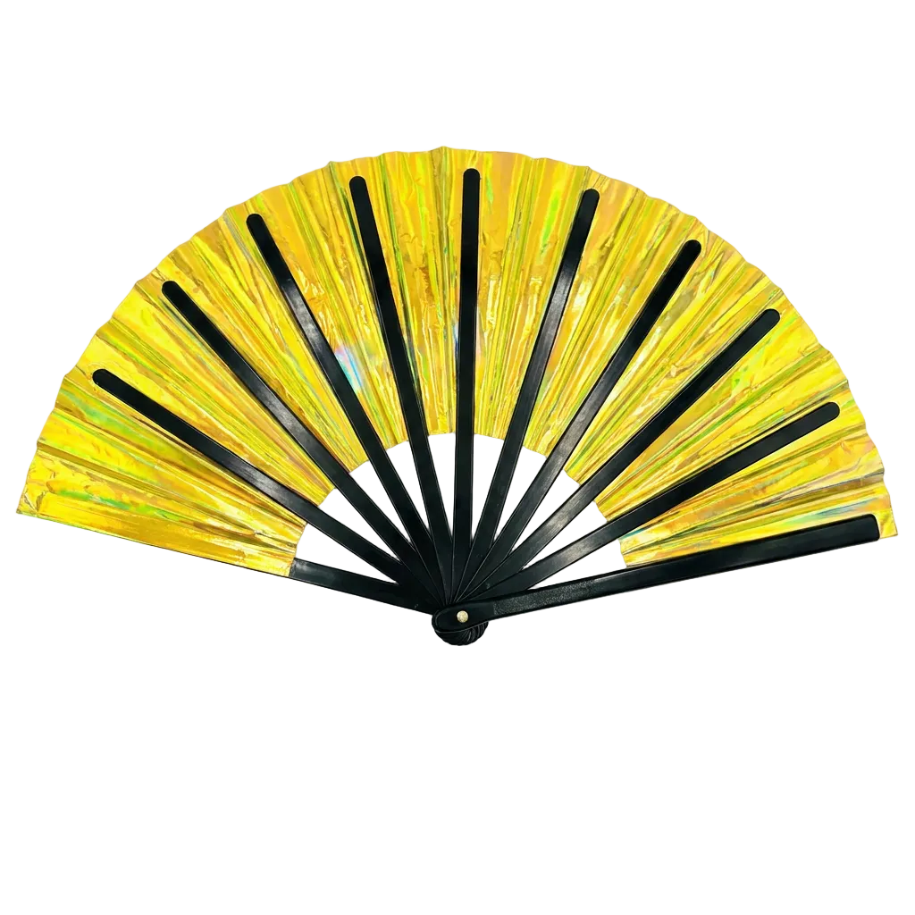 Yellow Road Ready Holographic Clacker Fan — holographic clacker hand fan for making noise at fetes, jouvert, and carnival
