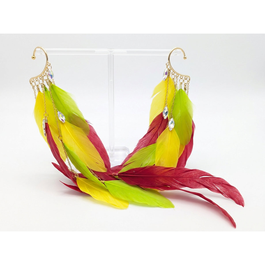 Boho Feather Ear Cuff — Red Yellow & Green Tropical Feather Crystal Earring in Gold, No Piercing Needed