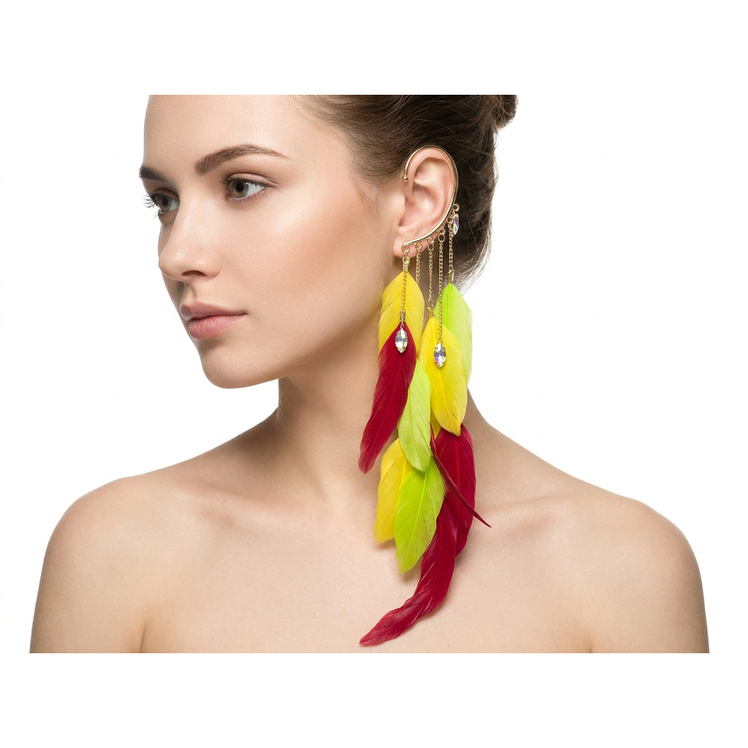 Boho Feather Ear Cuff — Red Yellow & Green Tropical Feather Crystal Earring in Gold, No Piercing Needed