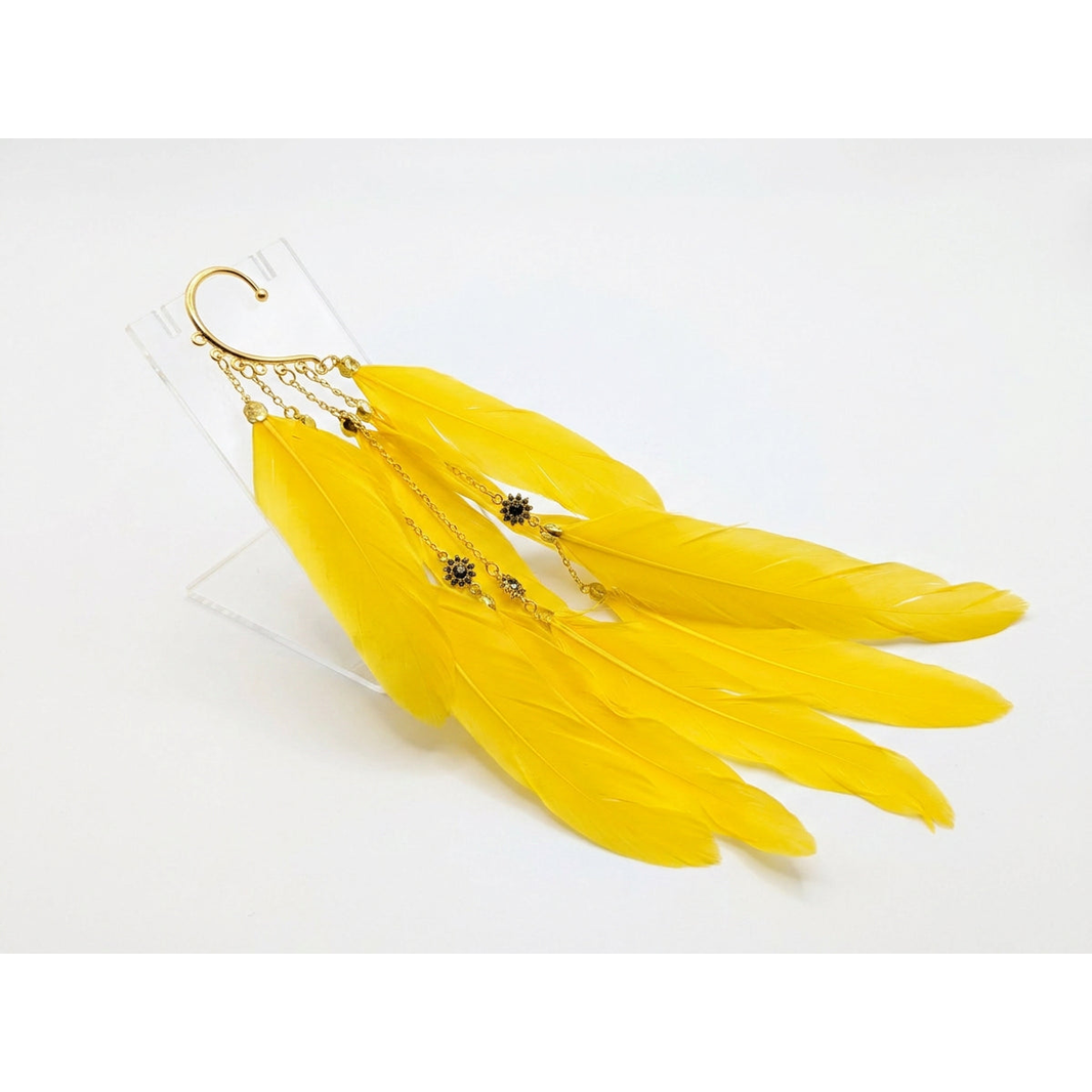 Boho Feather Ear Cuff — Canary Yellow Feather Earring with Flower Charms in Gold, No Piercing Needed
