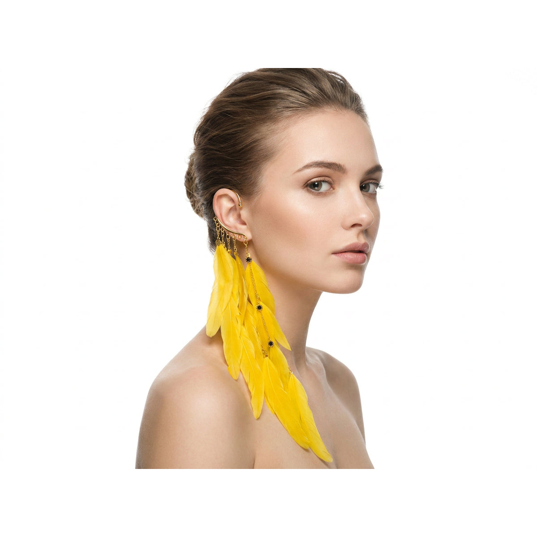 Boho Feather Ear Cuff — Canary Yellow Feather Earring with Flower Charms in Gold, No Piercing Needed