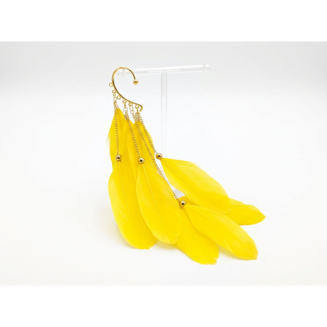 Boho Feather Ear Cuff — Lemon Yellow Feather Earring in Gold, No Piercing Needed