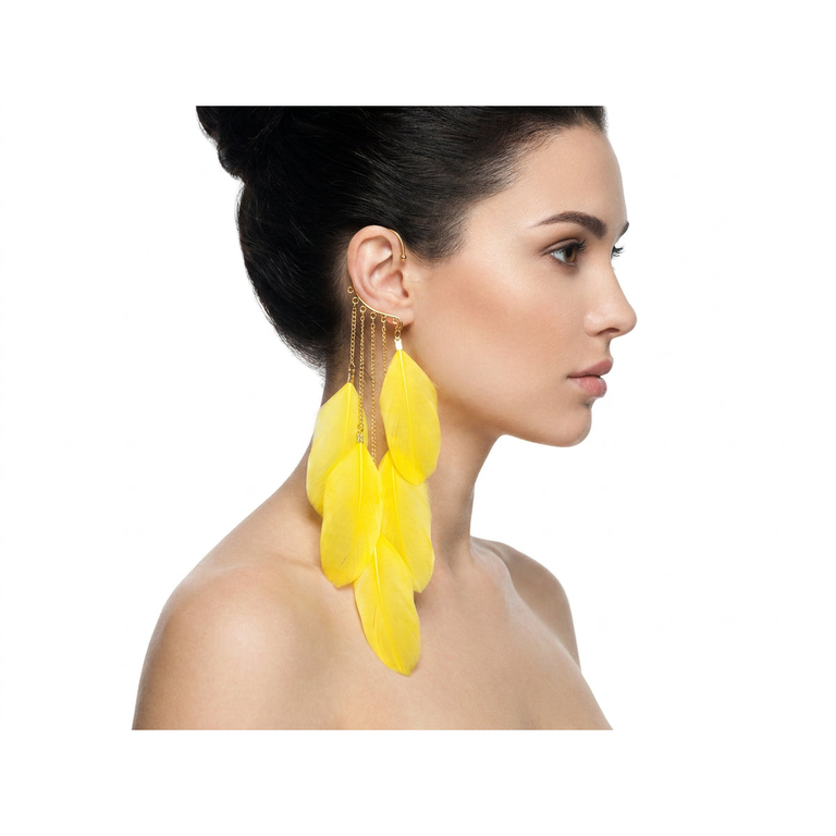 Boho Feather Ear Cuff — Lemon Yellow Feather Earring in Gold, No Piercing Needed – on model