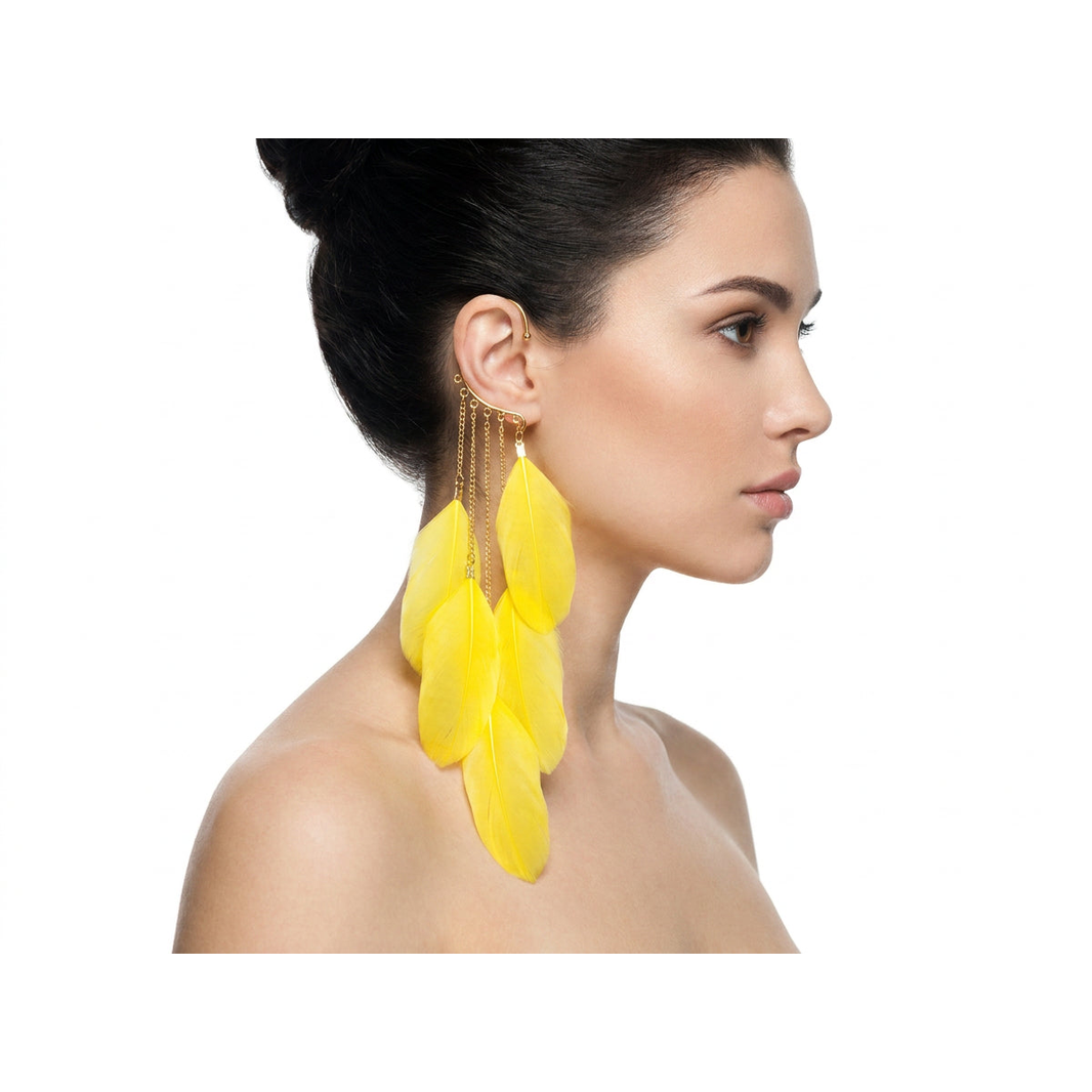 Boho Feather Ear Cuff — Lemon Yellow Feather Earring in Gold, No Piercing Needed