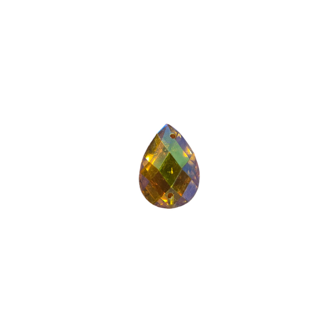 Yellow teardrop AB sew-on flatback rhinestone, 13x19MM, with Aurora Borealis finish, perfect for carnival costumes and custom designs